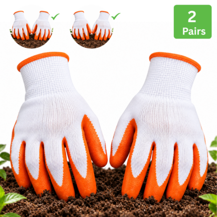 Fresh Trove Gardening Gloves, 2 Pairs, White & Orange Rubber-Coated Gloves for Digging, Planting, Pruning & Weeding,