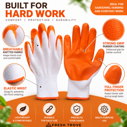 Fresh Trove Gardening Gloves, 2 Pairs, White & Orange Rubber-Coated Gloves for Digging, Planting, Pruning & Weeding,