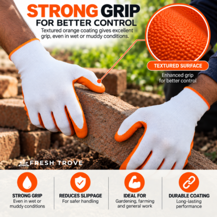 Fresh Trove Gardening Gloves, 2 Pairs, White & Orange Rubber-Coated Gloves for Digging, Planting, Pruning & Weeding,